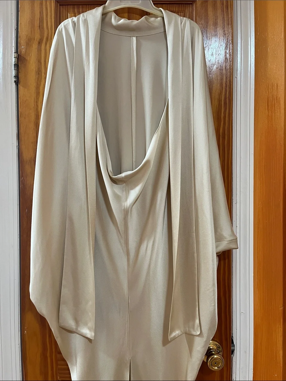 NWT Satin Beige Draped Open Back Dress Lagenlook Formal Shawl Gown Tie Neck M
